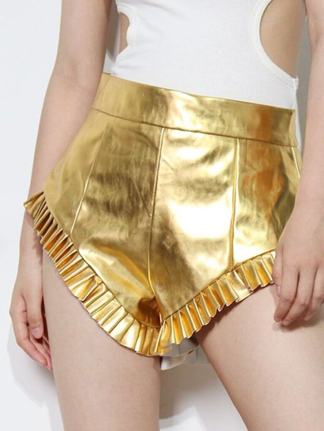 Shiny Metallic Ruffles Hem Super Short Shorts High Waist Shorts for Women Sexy Girls Party Club Streetwear Tights Hot Pants 7XL