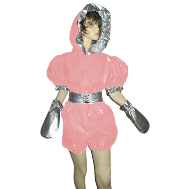 Adult Baby Shiny PVC Hooded Rompers Wet Look Faux Leather Puff Short Sleeve Body Suit Sexy Raves Party Patchwork Cosplay Costume