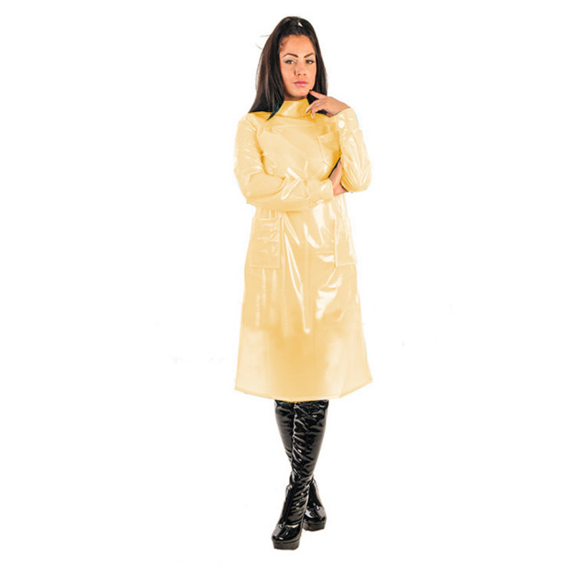 Women Sexy Clear PVC High Collar Perspective Madi Dress Long Sleeve Pockets Dress Transparent Night Female Dress Erotic Female