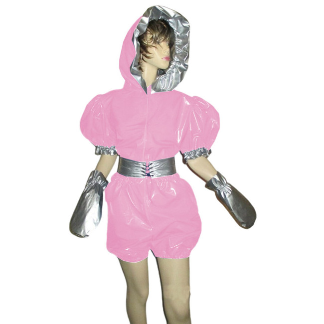 Adult Baby Shiny PVC Hooded Rompers Wet Look Faux Leather Puff Short Sleeve Body Suit Sexy Raves Party Patchwork Cosplay Costume