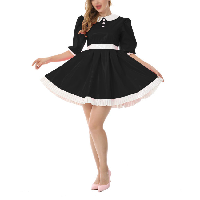 Women Sweet Preppy Female Peter Pan Collar Shiny PVC Mini Dress Glossy Faux Leather Half Sleeve Ruffled A-Line Dress Party Oufit