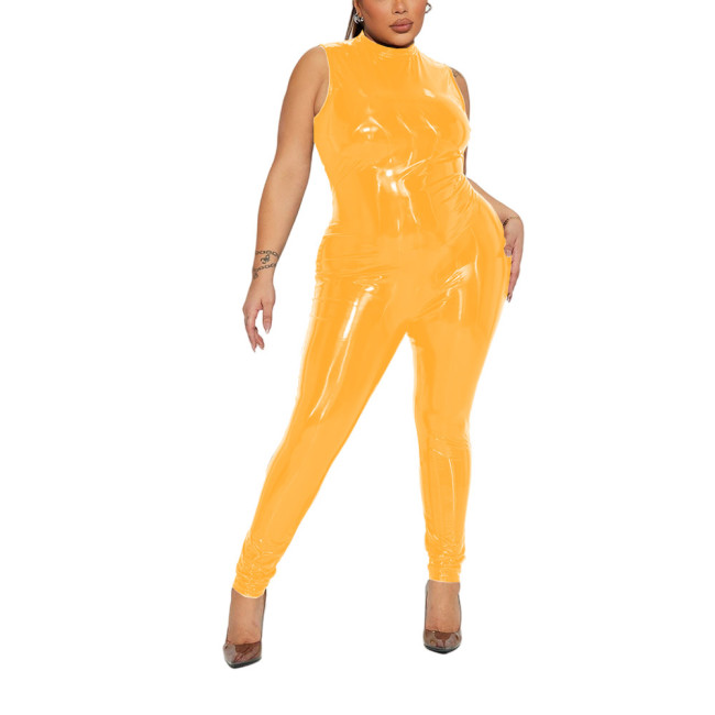 Plus Size Womens Shiny PVC Jumpsuit Wet Look Round Neck Sleeveless Glossy Leather Catsuit Sissy Bodycon Stretch Rompers Clubwear