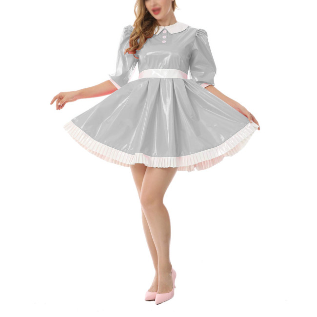 Women Sweet Preppy Female Peter Pan Collar Shiny PVC Mini Dress Glossy Faux Leather Half Sleeve Ruffled A-Line Dress Party Oufit