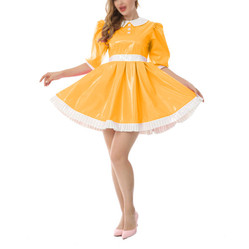 Women Sweet Preppy Female Peter Pan Collar Shiny PVC Mini Dress Glossy Faux Leather Half Sleeve Ruffled A-Line Dress Party Oufit