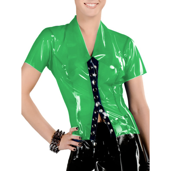 Sexy Transparent Tops Patchwork Colors Glossy Clear PVC Turn-down Neck Snaps Perspective Blouse Outfit Body Lingerie Shirt Women