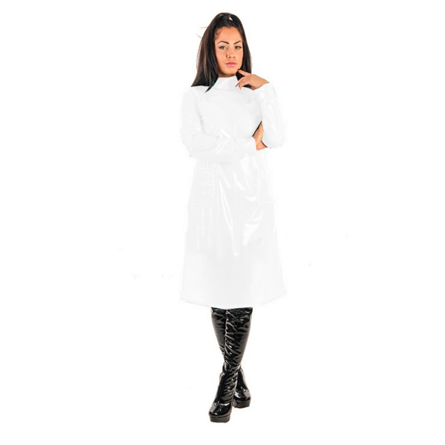 Women Sexy Clear PVC High Collar Perspective Madi Dress Long Sleeve Pockets Dress Transparent Night Female Dress Erotic Female