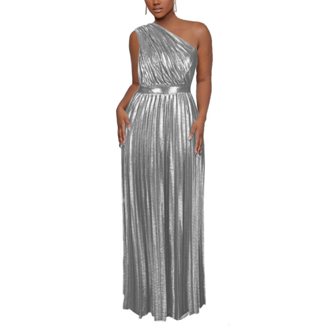 Shiny Metallic Party Dresse Women Evening Elegant Maxi Long Pleated Dress Sexy One Shoulder Sleeveless High Waist Glitter Gowns