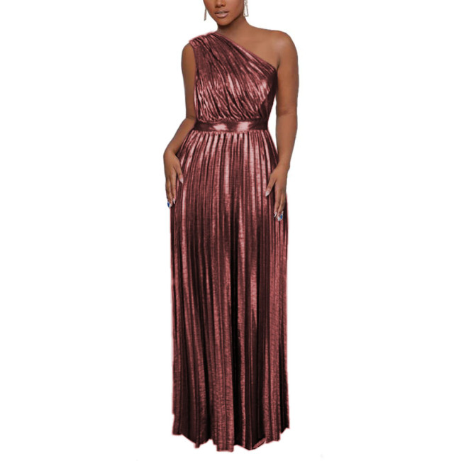 Shiny Metallic Party Dresse Women Evening Elegant Maxi Long Pleated Dress Sexy One Shoulder Sleeveless High Waist Glitter Gowns