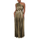 Shiny Metallic Party Dresse Women Evening Elegant Maxi Long Pleated Dress Sexy One Shoulder Sleeveless High Waist Glitter Gowns
