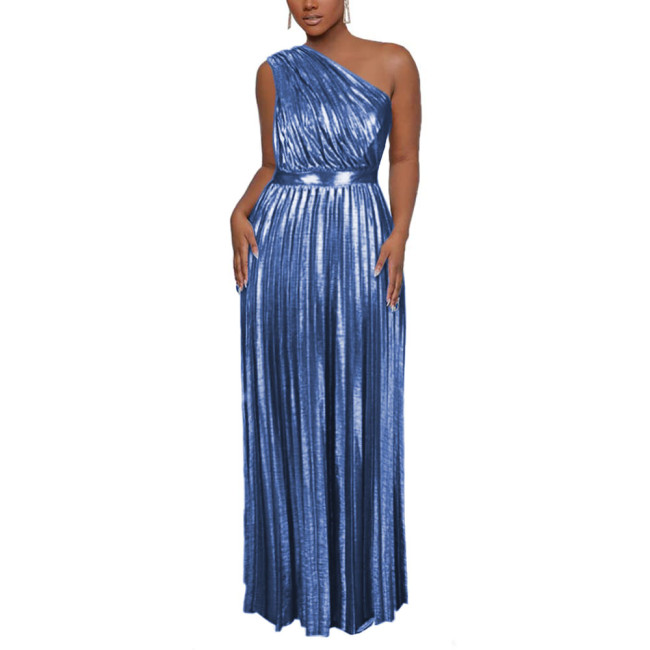 Shiny Metallic Party Dresse Women Evening Elegant Maxi Long Pleated Dress Sexy One Shoulder Sleeveless High Waist Glitter Gowns