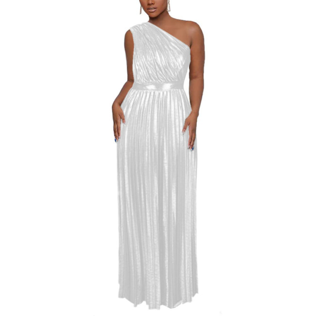 Shiny Metallic Party Dresse Women Evening Elegant Maxi Long Pleated Dress Sexy One Shoulder Sleeveless High Waist Glitter Gowns