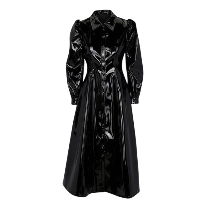 Fashion Party PVC Single Breasted A-line Long Dresses Wet Look Shiny Faux Leather Turn-down Collar Shirt Dress Lady Dinner Dress