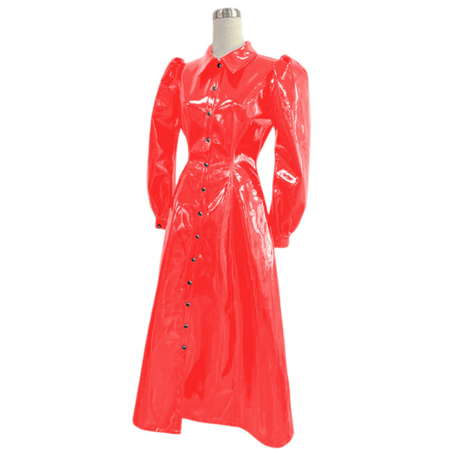 Fashion Party PVC Single Breasted A-line Long Dresses Wet Look Shiny Faux Leather Turn-down Collar Shirt Dress Lady Dinner Dress