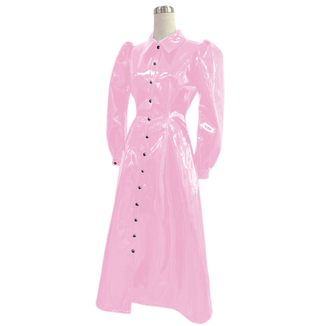 Fashion Party PVC Single Breasted A-line Long Dresses Wet Look Shiny Faux Leather Turn-down Collar Shirt Dress Lady Dinner Dress