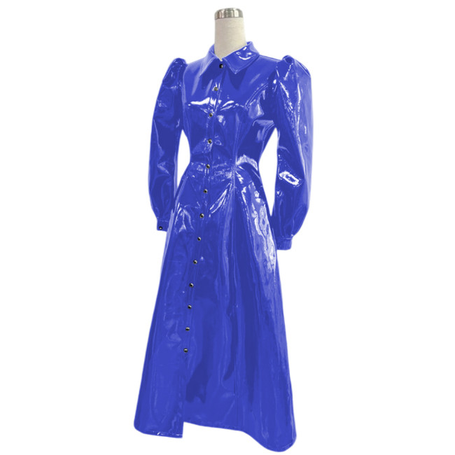 Fashion Party PVC Single Breasted A-line Long Dresses Wet Look Shiny Faux Leather Turn-down Collar Shirt Dress Lady Dinner Dress