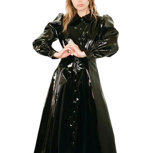 Fashion Party PVC Single Breasted A-line Long Dresses Wet Look Shiny Faux Leather Turn-down Collar Shirt Dress Lady Dinner Dress