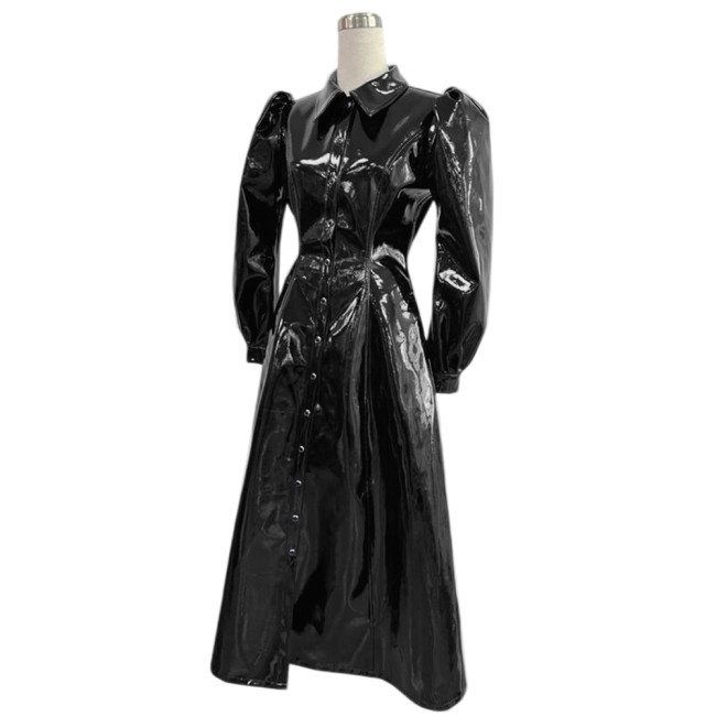 Fashion Party PVC Single Breasted A-line Long Dresses Wet Look Shiny Faux Leather Turn-down Collar Shirt Dress Lady Dinner Dress