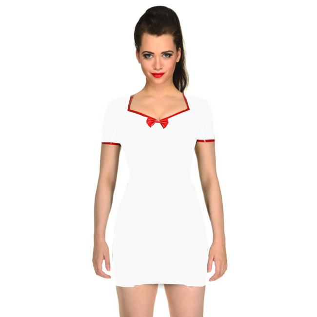 Glossy PVC Leather Sweetheart Bowknot Slim Penci Mini DressShort Sleeve Shapewear Short Dress Wetlook Party Clubwear Fashion 7XL