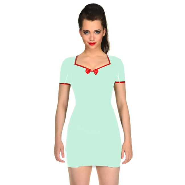 Glossy PVC Leather Sweetheart Bowknot Slim Penci Mini DressShort Sleeve Shapewear Short Dress Wetlook Party Clubwear Fashion 7XL