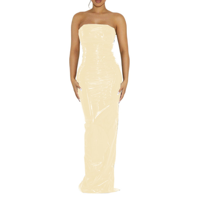 Vintage Sexy Glossy PVC Women Strapless Sleeveless Leotard Bodycon Maxi Dresses Slim Back Split Floor Length Dress Elegant S-7XL