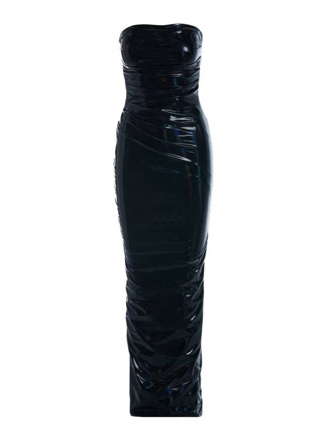 Vintage Sexy Glossy PVC Women Strapless Sleeveless Leotard Bodycon Maxi Dresses Slim Back Split Floor Length Dress Elegant S-7XL