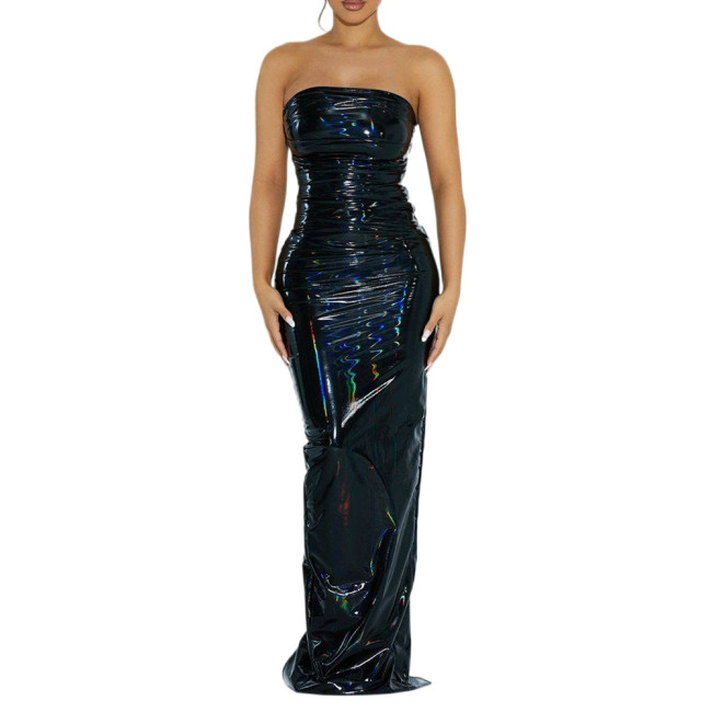 Vintage Sexy Glossy PVC Women Strapless Sleeveless Leotard Bodycon Maxi Dresses Slim Back Split Floor Length Dress Elegant S-7XL