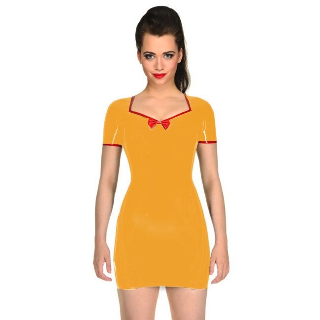 Glossy PVC Leather Sweetheart Bowknot Slim Penci Mini DressShort Sleeve Shapewear Short Dress Wetlook Party Clubwear Fashion 7XL