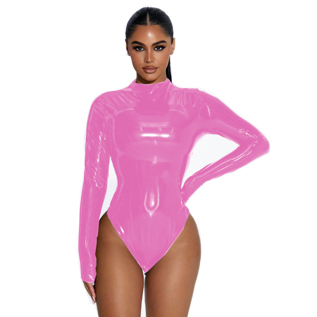 Sissy Sexy Shiny PVC Long Sleeve Leotard Bodysuit Turtleneck Slim Playsuits Costumes Cosplay Faux Latex Fetish Party Club S-7XL