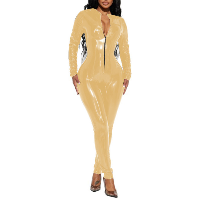 Sexy Glossy PVC Leather Sexy Long Sleeve Jumpsuit Rompers Skinny Front Zip-up Jumpsuits Bodysuits Pants Party Clubwear S-7XL