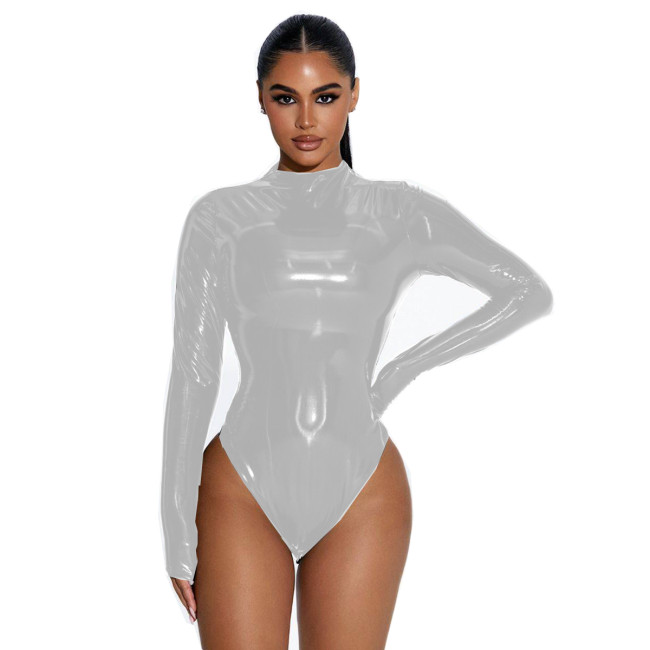 Sissy Sexy Shiny PVC Long Sleeve Leotard Bodysuit Turtleneck Slim Playsuits Costumes Cosplay Faux Latex Fetish Party Club S-7XL