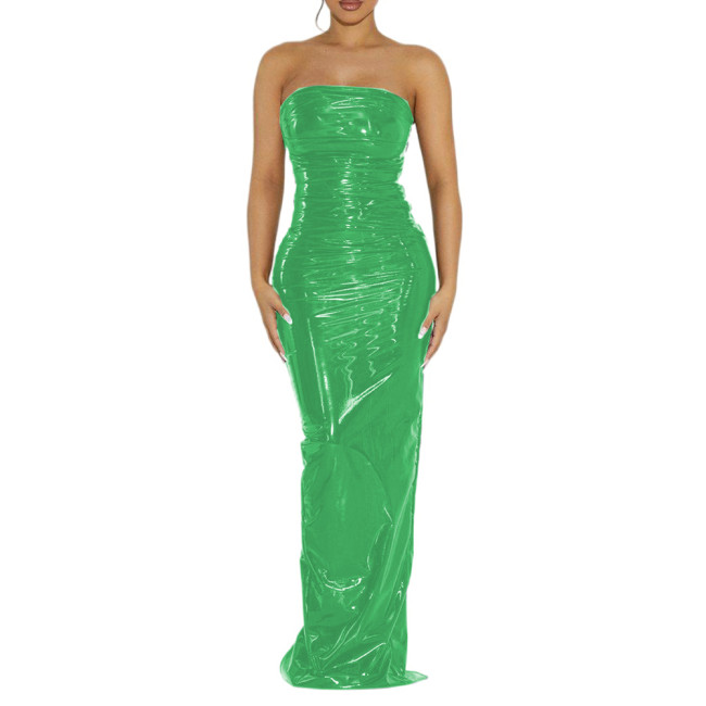 Vintage Sexy Glossy PVC Women Strapless Sleeveless Leotard Bodycon Maxi Dresses Slim Back Split Floor Length Dress Elegant S-7XL