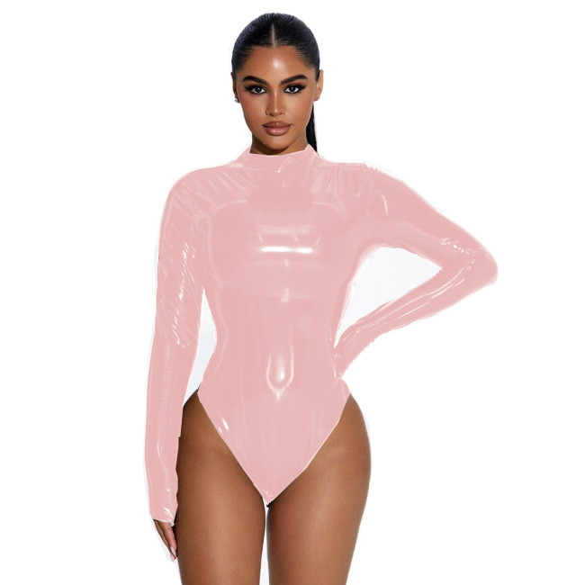 Sissy Sexy Shiny PVC Long Sleeve Leotard Bodysuit Turtleneck Slim Playsuits Costumes Cosplay Faux Latex Fetish Party Club S-7XL