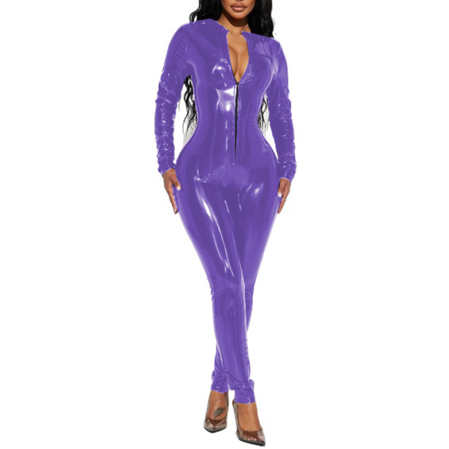 Sexy Glossy PVC Leather Sexy Long Sleeve Jumpsuit Rompers Skinny Front Zip-up Jumpsuits Bodysuits Pants Party Clubwear S-7XL