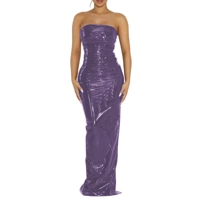 Vintage Sexy Glossy PVC Women Strapless Sleeveless Leotard Bodycon Maxi Dresses Slim Back Split Floor Length Dress Elegant S-7XL