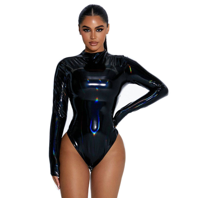 Sissy Sexy Shiny PVC Long Sleeve Leotard Bodysuit Turtleneck Slim Playsuits Costumes Cosplay Faux Latex Fetish Party Club S-7XL