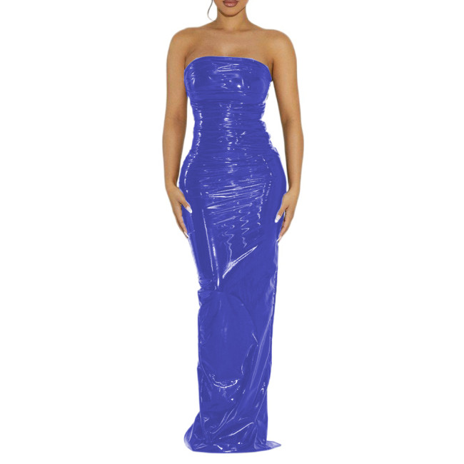 Vintage Sexy Glossy PVC Women Strapless Sleeveless Leotard Bodycon Maxi Dresses Slim Back Split Floor Length Dress Elegant S-7XL