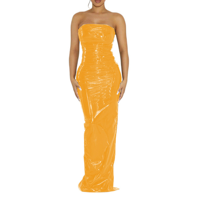 Vintage Sexy Glossy PVC Women Strapless Sleeveless Leotard Bodycon Maxi Dresses Slim Back Split Floor Length Dress Elegant S-7XL