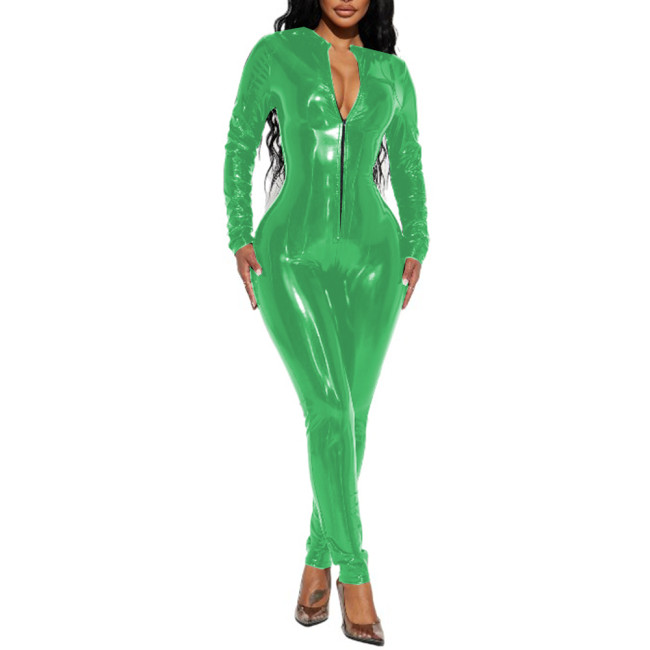 Sexy Glossy PVC Leather Sexy Long Sleeve Jumpsuit Rompers Skinny Front Zip-up Jumpsuits Bodysuits Pants Party Clubwear S-7XL