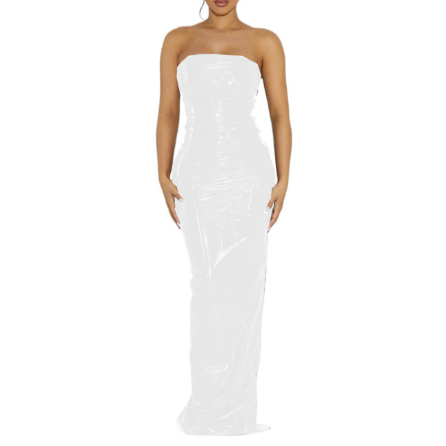 Vintage Sexy Glossy PVC Women Strapless Sleeveless Leotard Bodycon Maxi Dresses Slim Back Split Floor Length Dress Elegant S-7XL