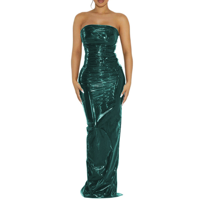 Vintage Sexy Glossy PVC Women Strapless Sleeveless Leotard Bodycon Maxi Dresses Slim Back Split Floor Length Dress Elegant S-7XL