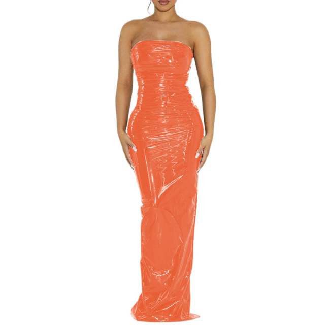 Vintage Sexy Glossy PVC Women Strapless Sleeveless Leotard Bodycon Maxi Dresses Slim Back Split Floor Length Dress Elegant S-7XL