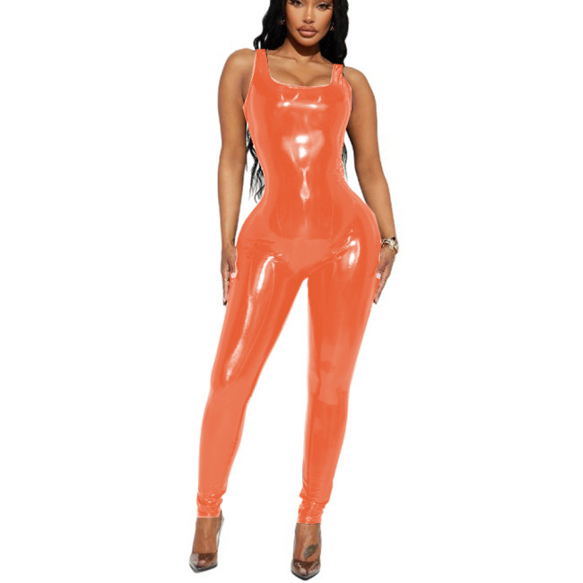 Sexy Glossy PVC Leather Laser Black Tank Sleeveless Catsuits Scoop Neck Slim Jumpsuits Party Club Costumes Unisex Fetish S-7XL