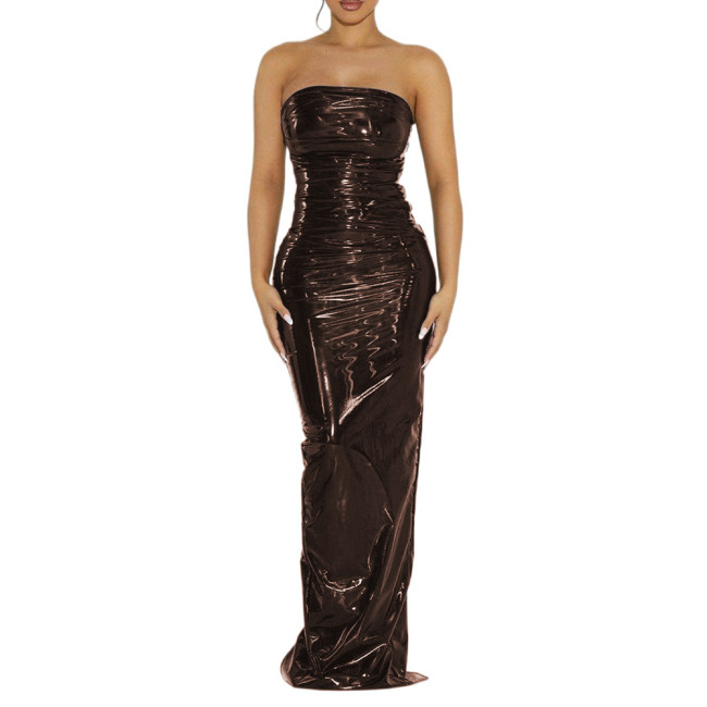 Vintage Sexy Glossy PVC Women Strapless Sleeveless Leotard Bodycon Maxi Dresses Slim Back Split Floor Length Dress Elegant S-7XL