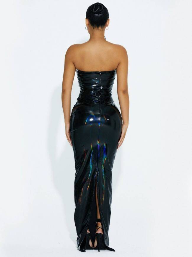Vintage Sexy Glossy PVC Women Strapless Sleeveless Leotard Bodycon Maxi Dresses Slim Back Split Floor Length Dress Elegant S-7XL