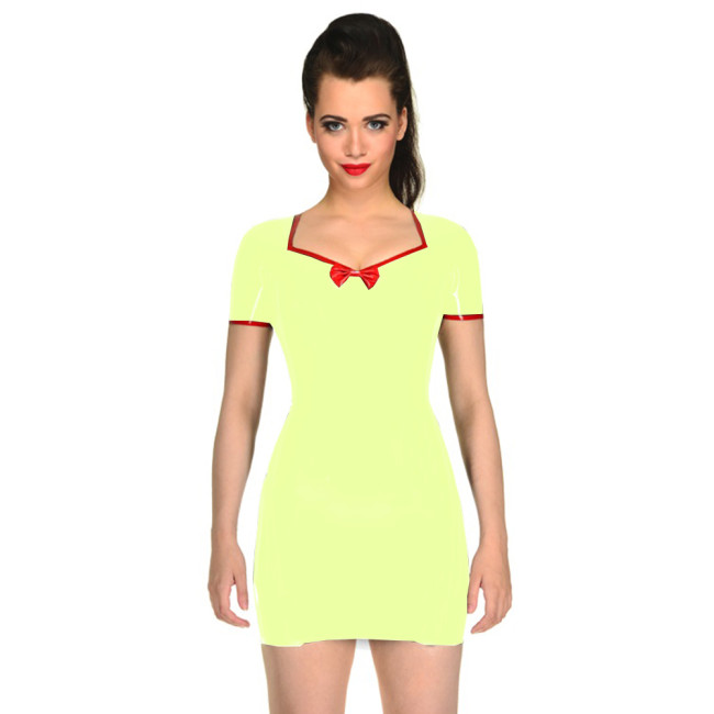 Glossy PVC Leather Sweetheart Bowknot Slim Penci Mini DressShort Sleeve Shapewear Short Dress Wetlook Party Clubwear Fashion 7XL