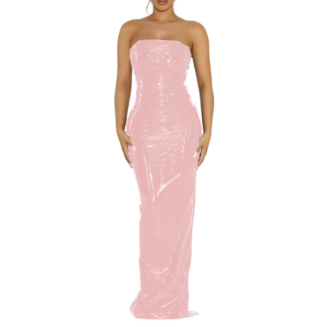 Vintage Sexy Glossy PVC Women Strapless Sleeveless Leotard Bodycon Maxi Dresses Slim Back Split Floor Length Dress Elegant S-7XL