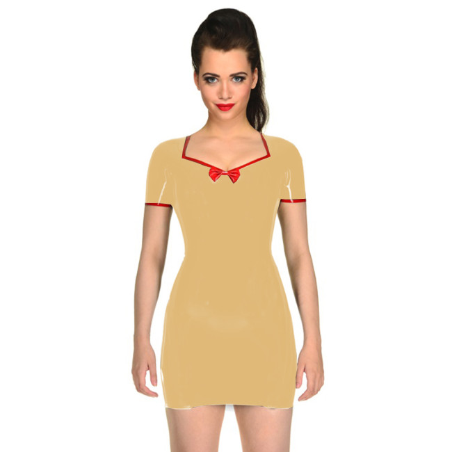 Glossy PVC Leather Sweetheart Bowknot Slim Penci Mini DressShort Sleeve Shapewear Short Dress Wetlook Party Clubwear Fashion 7XL