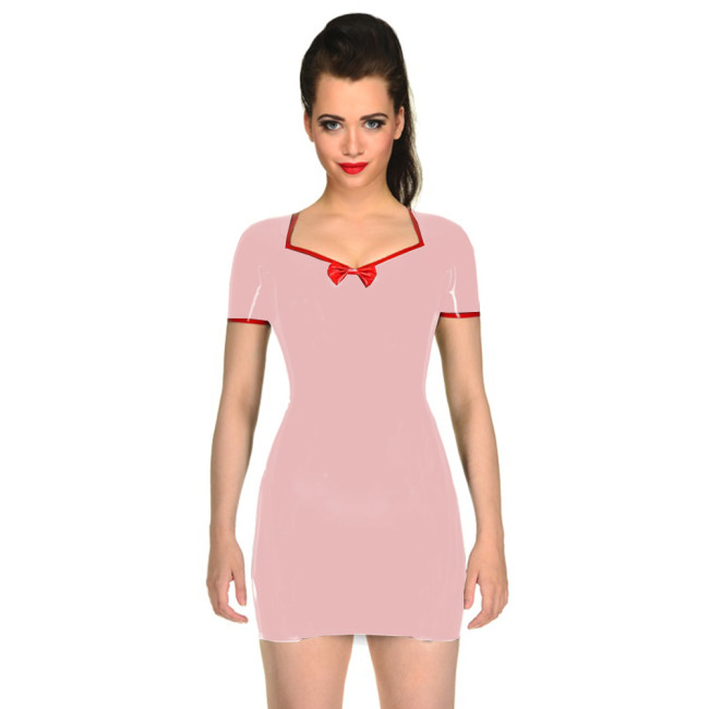 Glossy PVC Leather Sweetheart Bowknot Slim Penci Mini DressShort Sleeve Shapewear Short Dress Wetlook Party Clubwear Fashion 7XL