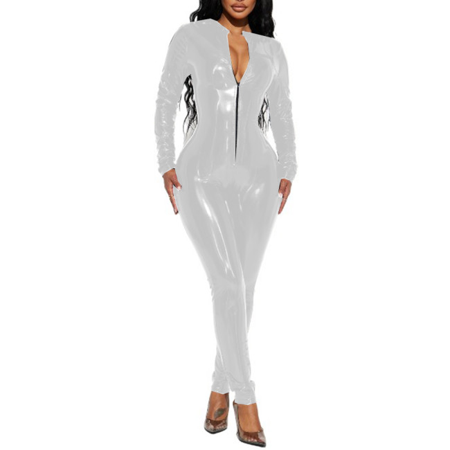 Sexy Glossy PVC Leather Sexy Long Sleeve Jumpsuit Rompers Skinny Front Zip-up Jumpsuits Bodysuits Pants Party Clubwear S-7XL