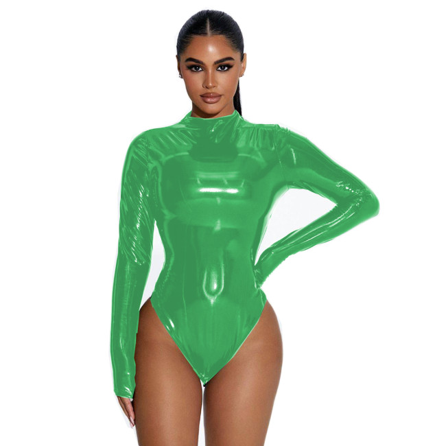 Sissy Sexy Shiny PVC Long Sleeve Leotard Bodysuit Turtleneck Slim Playsuits Costumes Cosplay Faux Latex Fetish Party Club S-7XL